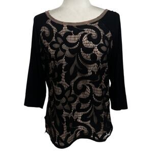 Anthropologie Dolan Black Lace Stretch Knit Top Nude Lining Size S